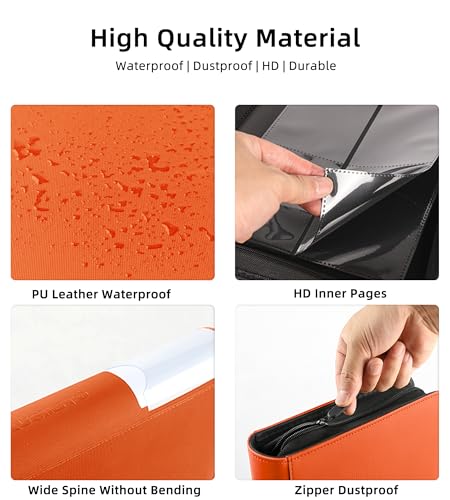Top Loader Binder, Holds 128 Cards, 4 Pocket Zipper Binder for 3" x 4" Top Loader, Ringless Side-Loading Pages, Collectible Sports & Hard Sleeve Card Album (Bright Orange) - Image 3