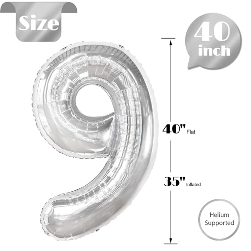 Image of Silver 9 Balloon, Number Balloons 40 Inch, 9th Giant Birthday Decorations, 19th 29th Silver Party Decorations Supplies, Number 9 Balloon