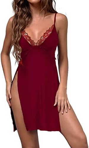 Queenfox Slip Lingerie Lace Chemise Sexy Nightgown Babydoll Side Slit Sleepwear V-Neck Sleep Dress For Women