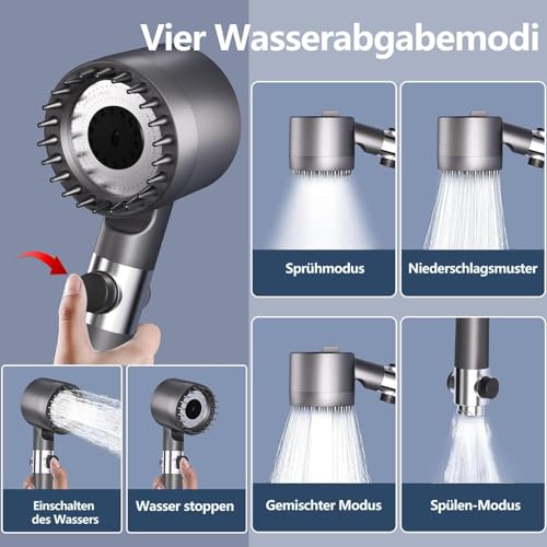 Duschkopf mit Filter Hochdruck Handbrause mit Schlauch,4 Strahlarten Duschkopf Wassersparend mit Filtration, Sparduschkopf mit Antikalk-Funktion Duschbrause für Rest-Chlor,Schwermetall usw Grau