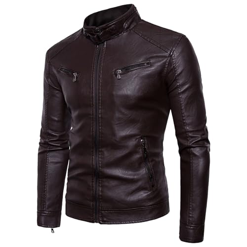 Veste en cuir synthétique homme legere contre le vent col montant moto