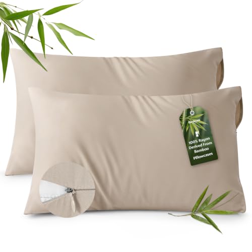 Image of Bedsure Zipper Pillow Cases Queen Size from Rayon Derived from Bamboo | Cooling Pillowcase for Hot Sleepers, Soft & PureWoven Pillow Covers, Gift, Beige, 20x30 Inches