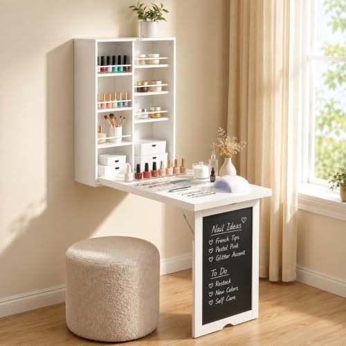 Wall Mounted Folding Nail Desk with Storage Shelves, Fold Down Ma...