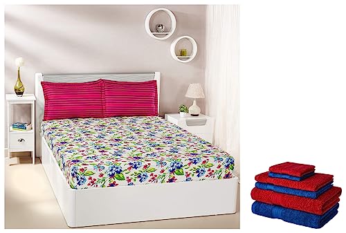 Image of Amazon Brand - Solimo 100% Cotton 6 Piece Towel Set, 500 GSM (Iris Blue and Spanish Red) Floral Spurt 144 TC 100% Cotton Double Bedsheet with 2 Pillow Covers, Purple