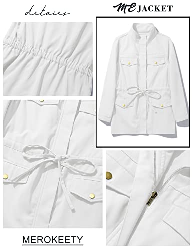 Merokeety Womens Fall Fashion Utility Cargo Jacket Casual Drawstring Waist Army Jacket With Pockets, White, M #TOP4