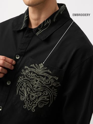 Image of The Souled Store Flow Men and Boys Long Sleeves Spread Collar Black Embroidered Cotton Oversized Fit Casual Lightweight Drop Shoulder Streetwear Trendy Breathable Shackets