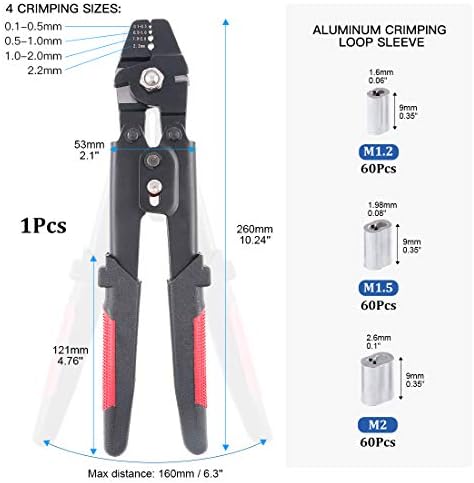 Glarks Up to 2.2mm Wire Rope Crimping Tool Wire Rope Swager Crimper Fishing Crimping Tool with 180Pcs 1.2/1.5/2mm Aluminum Double Barrel Ferrule Crimping Loop Sleeve Kit