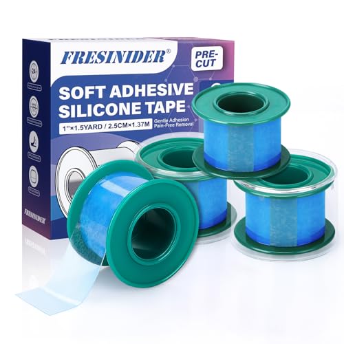FRESINIDER Silicone Medical Tape – 1" x 1.5 Yard Blue 4 Rolls, Pre-Cut, Waterproof &amp; Repositionable, Pain-Free Removal, Hypoallergenic Adhesive for Sensitive Skin, Wound Care &amp; First Aid Use