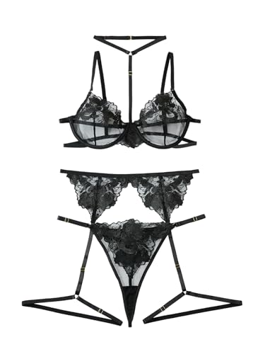 Image of Lilosy Sexy Choker Floral Lace Scallop Sheer Underwire Push Up Garter Belt Lingerie Set 3 Piece