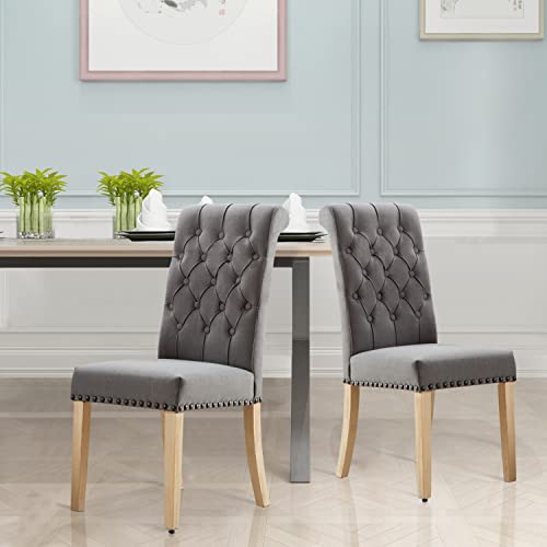 Gatosig Linen Tufted Dining Chairs,Set Of 2，Upholstered Chair With Bronze Nails Around The Cushion For Dining Room And Kitchen,Cushioned Seating With Armrest(Dark Grey) #TOP4