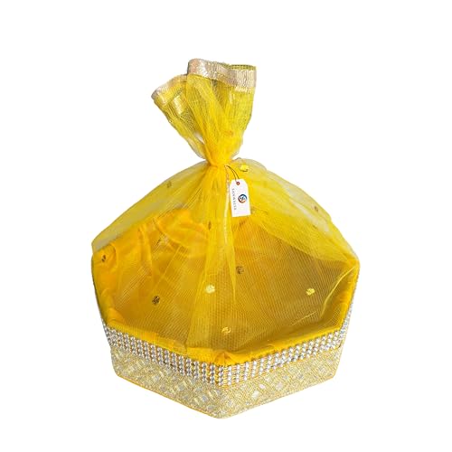 Image of (Small, 8x8x2 inch, Hexagon, Stone Lace, Color-Yellow) MDF Base Designer Gift Hamper Packaging Baskets with Net Cover, Gift Hamper Organiser Perfect for Any Occasion
