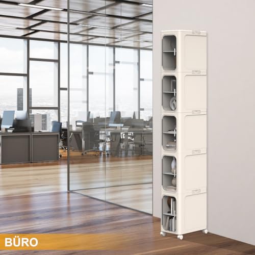 Image of 5-Tier Slim Tall Bathroom Cabinet, Plastic Narrow Cabinet with Doors and Shelves, Floorstanding Skinny Organizer with Wheels