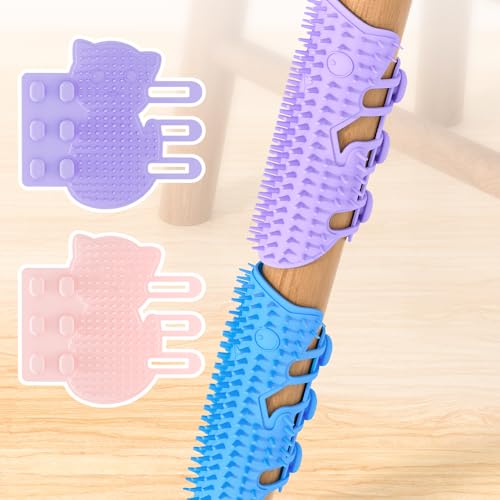 Image of Cat Self Grooming Comb, Stool Foot Scratching Grooming Comb Short Long Hair Cat Soft Rubbing Scratching Grooming Massage Comb for Indoor Cats Kittens Cat Brush Toys (Pink+Purple)