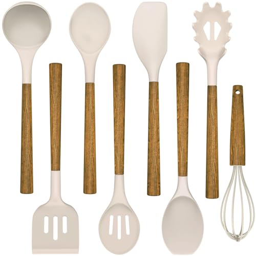 Umite Chef Silicone Cooking Utensil Set, 8-Piece Kitchen Utensils Set with Natural Acacia Wooden Handles, Silicone Heads - Khaki