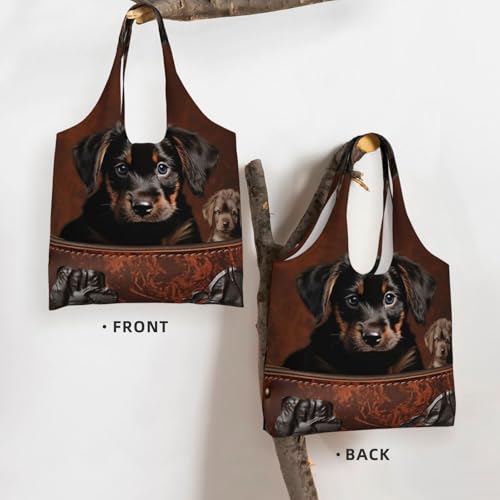 Canvas Tote Bag for Women Shoulder Tote Purse Reusable Grocery Bag Puppy sitting on brown leather crate Aesthetic Shopping Bags3