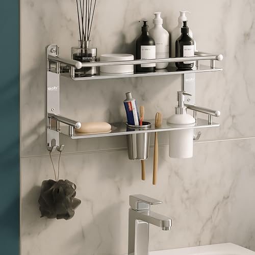 Image of GLOXY Premium Chrome Finish Stainless Steel Bathroom Shelf with Soap Holder, Toothpaste Holder & Liquid Soap Dispenser - 6 in 1 Bathroom Organizer Bathroom Accessories for Home, Office & Hotels