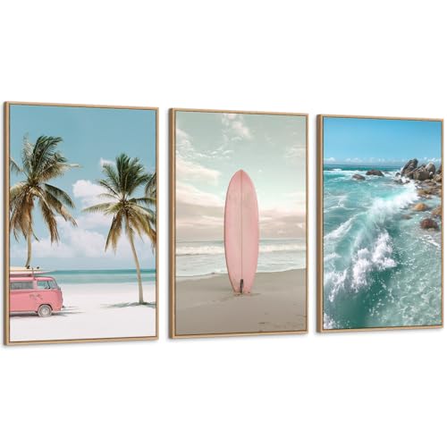 Beach Seascape Pink Surfboard Framed Canvas Wall Art Set, Palm Tree Large Coastal Wall Decor Ocean Landscape Print for Bedroom Living Room Beach House, 3 Panels, 16x24 Inch - Ready to Hang