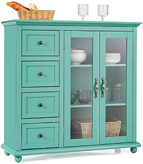 COSTWAY Buffet Sideboard, Wooden Storage Cabinet with 2 Glass Door, 4 Drawers, 3 Shelves and Anti-toppling Device, Console Pantry Cupboard for Kitchen Living Room Hallway (Green)
