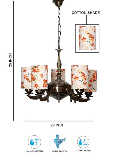 Image of Devansh 05-Light Round Printed Multicolor Cotton Shade Chandelier - Antique Golden Finish | Adjustable Cord | Warm Glow Lamp - Ceiling Light for Living Room, Dining Area, BedroomDecor - D16