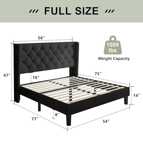 Image of Feonase Full Size Bed Frame with Upholstered Wingback Headboard,Button Tufted Platform Bed and Heavy Duty Wooden Slats Support,Easy Assembly, Noise-Free,No Box Spring Needed, Black