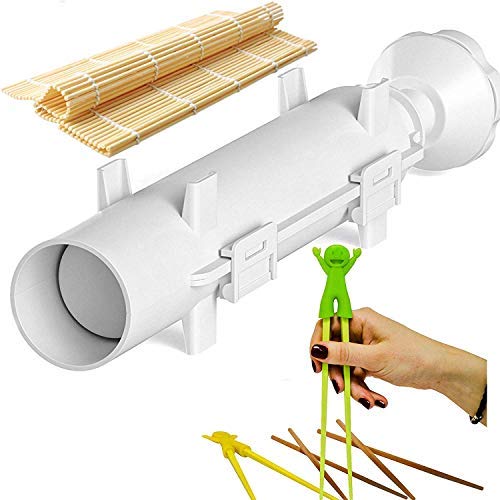 Sushi Bazooka, Sushi Mat and Two Sets of Bamboo Chopsticks and Silicone Helper (Training) Chopsticks,Kitchen Appliance Machine Rice Roller Making Kit