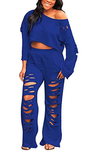 Aro Lora Womens 2 Piece Jumpsuit Ripped Hole Long Sleeve Crop Top and Wide Leg Pant Set Casual Outfit Large Dark Blue