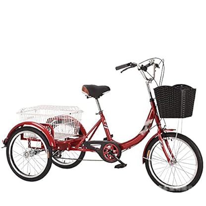 20-Zoll-Dreirad für Erwachsene, Sechsgang-Fahrrad mit Einkaufskorb, dreirädriges Cruiser-Fahrrad für Freizeit, Einkaufen, Picknicks, Training, Herren und Damen (rot) – Bild 3
