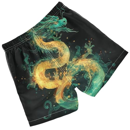 Pigsaly Boys Swim Trunks Fire Chinese Dragon Green Boys Board Shorts Swimsuit Swimwear Summer Bathing Suit XS2
