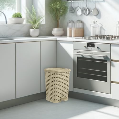 Image of Superio Mini Trash Can with Foot Pedal Small Outdoor Garbage Can with Lid, 3 Gallon Plastic Waste Basket for Bathroom, Bedroom, Kitchen, Office, Patio (Wicker Beige 12 QT.)