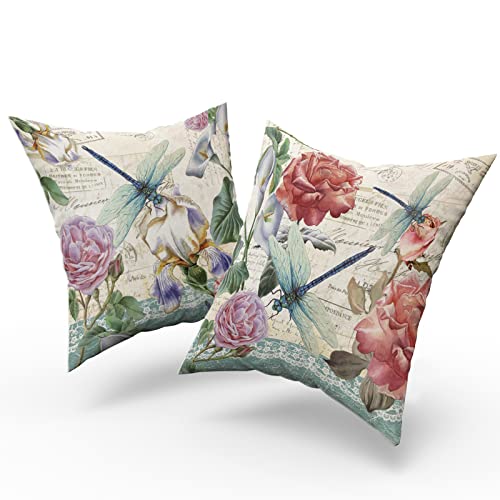 Giwawa Vintage Floral Throw Pillow Covers Set Of 2 Dragonfly Butterfly Decorative Cushion Case For Home Sofa Couch Chair Bedroom, 18 X 18 Inch #TOP1