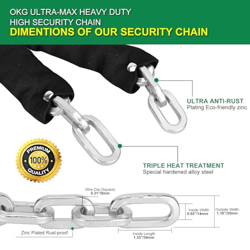 OKG Heavy Duty Security Chain, 10ft x 5/16in (8mm) Thick, Anti-Theft & Cut-Proof Motorcycle Chain with O-Ring - Secure Motorcycles, ATVs, Ebikes & 2-Wheeled Vehicles, Silver Zinc