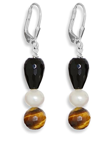 Preisvergleich Produktbild ERCE Onyx - Süßwasserperlen - Tigerauge Edelsteinschmuck Ohrringe, 925 Silber