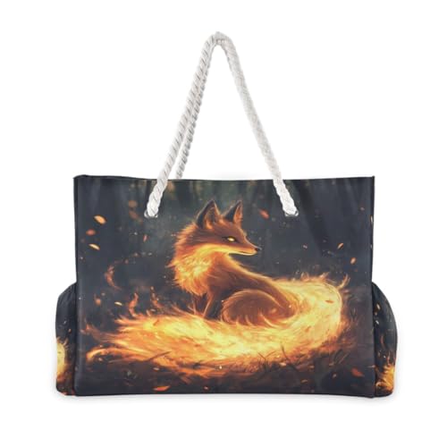 ALAZA Fox Fire Tree Animal Large Beach Bag Shoulder Swim Tote Bag for Gym Travel Women2