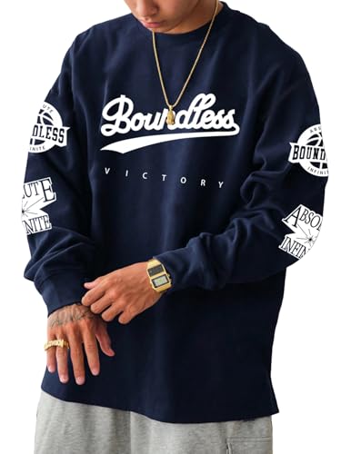 GORGLITTER Men's Loose Fit Letter Graphic Drop Shoulder T-Shirt Oversized Casual Long Sleeve Trendy Tee Tops Blue Small