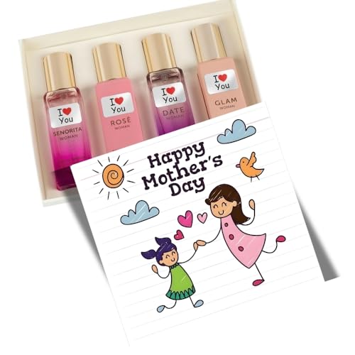 Image of I Love You Perfume Gift Set for Mother Pack of 4 (20ml Each) with Greeting Card | Mothers day unique gift (GIFTOPARC Mother's Day Gift for Mom Perfume Gift Set Pack of 4 with Happy Mother's Day Greeting Card)