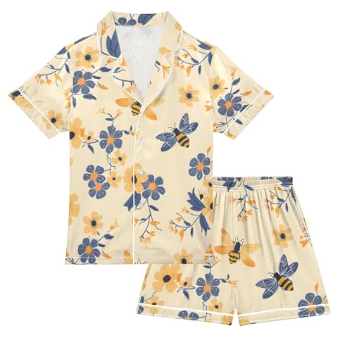 ALAZA Bee Yellow Flower Pajamas Satin Pajama Set Short Sleeve Button Down Sleepwear
