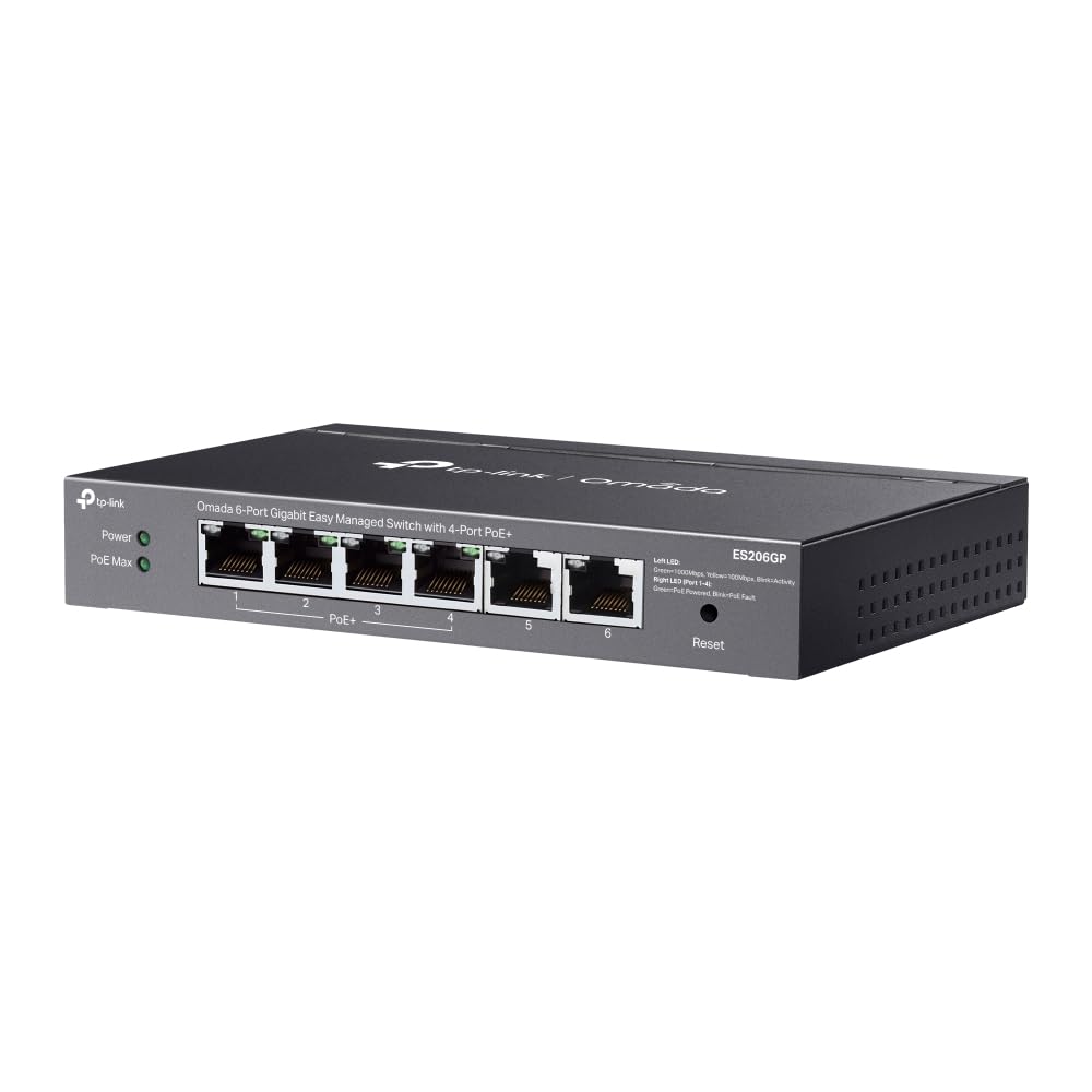 TP-Link ES206GP Commutateur réseau Gigabit PoE 6 ports, 4 ports PoE+, budget total de 65 W, commutateur réseau, commutateur Ethernet Omada, répartiteur Ethernet, boîtier en métal, gestion facile du