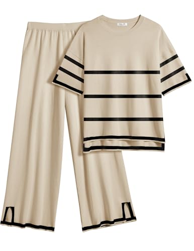 Ekouaer Lounge Set for Women Travel Outfits 2 Piece Sets Short Sleeve Sweater Top Wide Leg Long Pants Loungewear Stripe XL