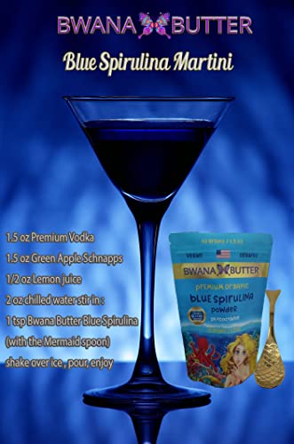 Bwana Butter Organic Blue Spirulina Powder Phycocyanin Food Coloring A Powerful Protein Antioxidant Superfood With Immunity Support & Recipes > Collectible Mermaid Spoon Inside > 43 Servings (1.5 Oz.) #TOP3
