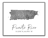 Puerto Rico Map Wall Art Print - 8x10 Silhouette Decor Print with Coordinates. Makes a Great Island-Themed Gift. Shades of Gray, Black & White.