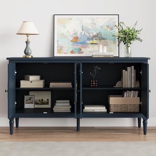 Image of FansaFurn 58'' Large Sideboard Buffet Cabinet with 4 Doors, Modern Credenza Buffet Table for Coffee Bar, Storage Cabinet for Dining Room Living Room, Blue