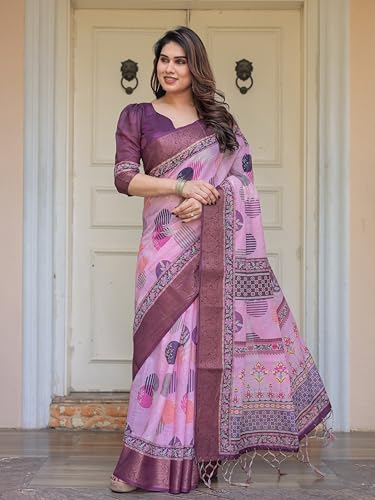 Image of ALMAARI FASHION Floral Printed Cotton Saree for Women with Handloom Zari Weave, Traditional Lightweight Ethnic Saree for Wedding Festive Office Party with Blouse Piece (LINEN 81-90 SH)