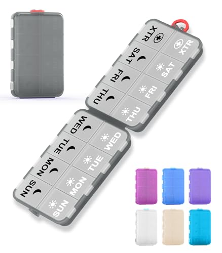 Image of Pill Organizer Travel Medicine Organizer - Weekly Pill Organizer with 2 Extra Compartments, Clear Printed Labels, AM PM Pill Dispenser