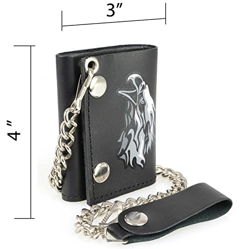 Milwaukee Leather MLW7838 Men's 4” Leather “Flaming Eagle” Tri-Fold Wallet w/Anti-Theft Stainless Steel Chain - One Size4