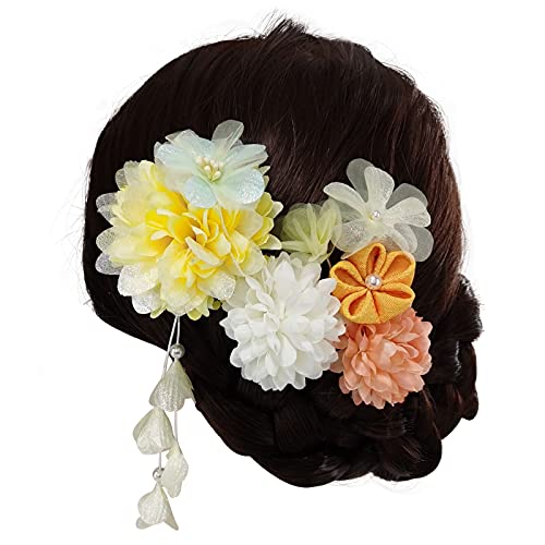 髪飾り 着物 和装 高級造花 振袖 七五三 浴衣 結婚式 成人式 卒業式 袴 子供 レディース プレゼント Uピン 4点セット (イェロー)