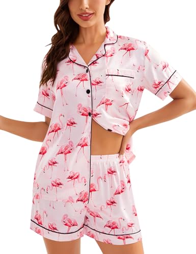 Image of SWOMOG Womens Silk Satin Pajamas Set Short Sleeve Sleepwear Button Down Top and Shorts Loungewear 2 Piece Pjs Set XS-3XL