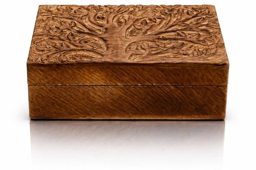Image of Great Birthday Gift Handmade Decorative Wooden Jewelry Keepsake Box With Tree Of Life Carving Jewelry Organizer Treasure Chest Trinket Holder Watch Storage Box 20 x 12 cms Housewarming Gifts