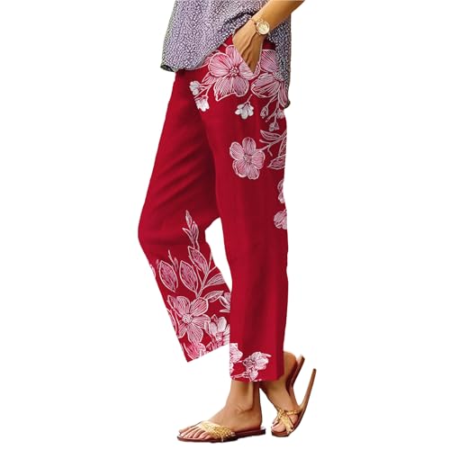 Women's Colorful Cute Flower Printed Pants Summer Loose Fit Comfort Trousers Straight Leg Vacation Beach Outfits
