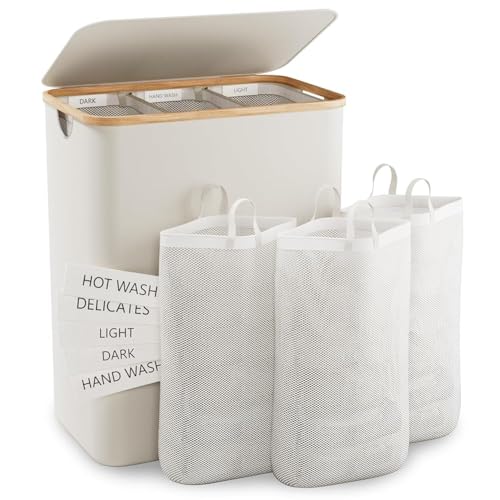 Wäschekorb Mit Deckel, 145L Extra Große Wäschekorb 3 Fächer Schmutzige...
