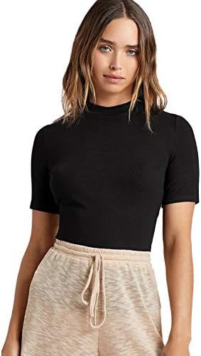 Floerns Women's Basic Mock Neck Short Sleeve Solid Rib Knit Tops Tee Shirts A Black S